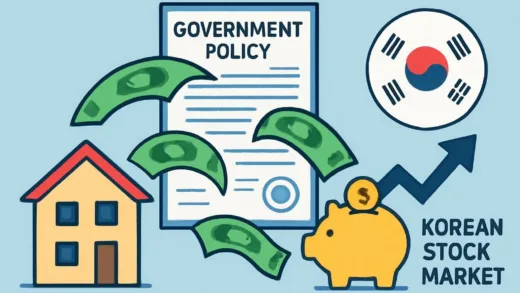 A modern financial concept illustration showing money flowing from real estate and savings accounts into Korean stock market with government policy documents in background, digital art style