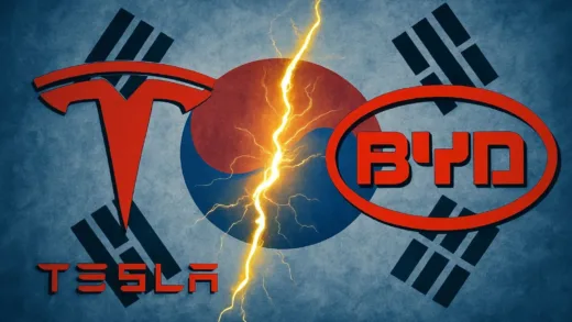 Electric vehicle market competition in South Korea with Tesla and BYD logos facing each other in dynamic confrontation