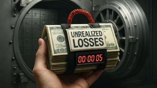A hand holding a ticking time bomb shaped like a stack of money, with "Unrealized Losses" written on it, inside a bank vault.