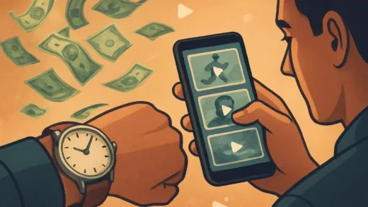 A clock on a wrist showing dwindling time, with money flying away in the background. A person looking at a smartphone, surrounded by ephemeral short videos.