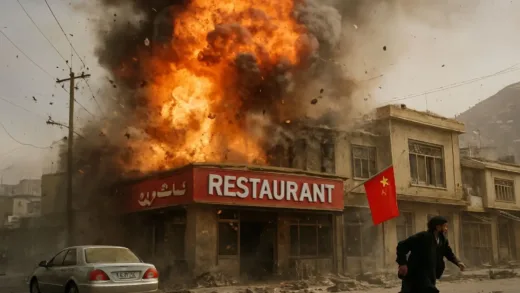 A dramatic scene of an explosion at a restaurant in Kabul, Afghanistan, with a subtle hint of Chinese presence, in a realistic photography style.
