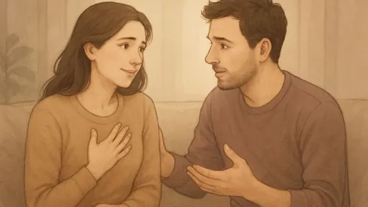 A couple communicating openly about their experiences, with a focus on empathy and understanding, in a soft, intimate setting.
