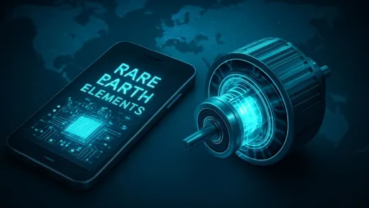 A futuristic image depicting rare earth elements as glowing components within a smartphone or electric car motor, with a global map subtly in the background.