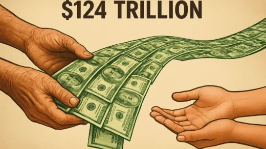 A vast river of money flowing from older generations to younger hands, symbolizing 124 trillion dollars in intergenerational wealth transfer in the US.