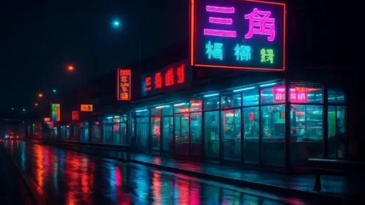 A neon-lit highway in Taiwan at night with glass-walled betel nut shops, vibrant colorful lights reflecting on wet pavement, cinematic atmosphere