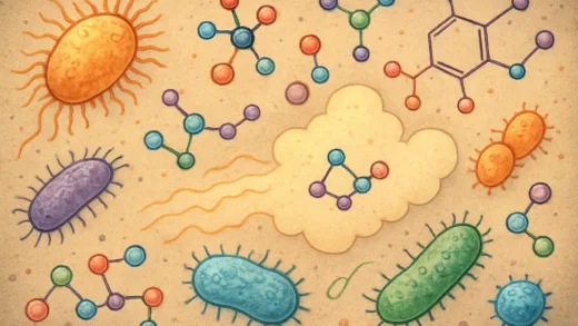 Scientific illustration showing microorganisms interacting with organic molecules in a home environment, creating unique scent compounds, microscopic view with colorful bacteria and molecular structures