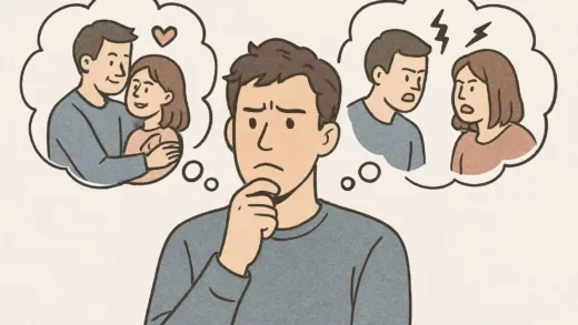 A person looking confused with thought bubbles showing conflicting emotions about a relationship dynamic