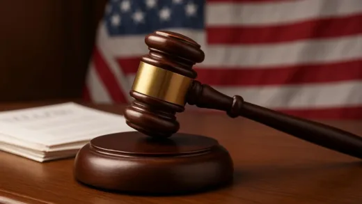 A gavel striking a sound block on a judge's bench, with legal documents and a US flag in the background, symbolizing a landmark legal decision on trade tariffs.