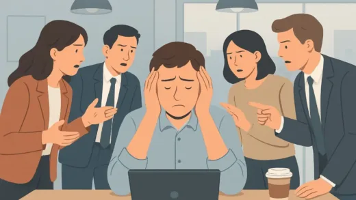 A person looking overwhelmed by others' expectations, with subtle signs of over-adaptation, in a modern office setting.
