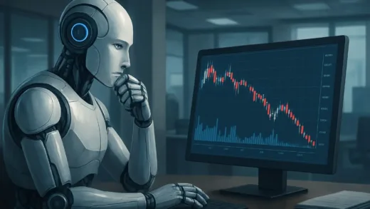 An AI robot in a professional office setting, looking at stock market charts on a screen, with a worried human in the background, digital art.