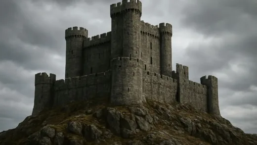 A rugged medieval castle on a rocky hill, looking formidable and purely defensive, no romantic elements, cloudy sky.