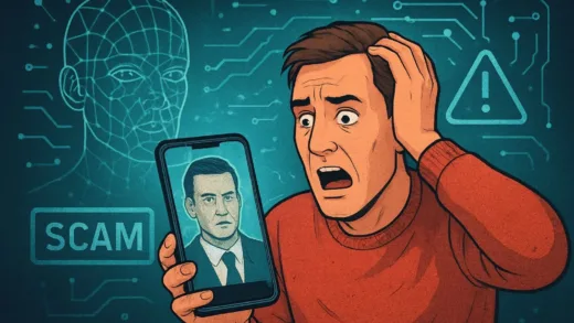 An illustration of a person falling victim to an AI-generated deepfake video scam, with digital elements representing AI technology and deceptive tactics.
