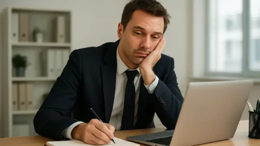 A professional looking person sitting at a desk with a tired expression, but appearing to work normally in an office setting