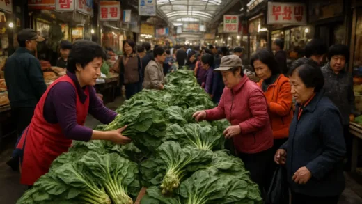 A bustling Korean traditional market with people buying and selling fresh bomdong, with a focus on its green leaves.