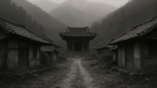 A black and white photo of a desolate Korean mountain village during the Japanese occupation, with a dark, mysterious shrine in the background.