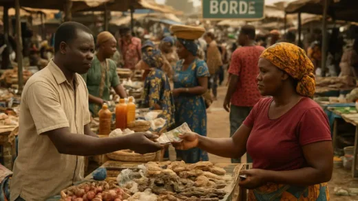 A bustling West African border market scene, showing merchants exchanging goods and money, with a focus on informal trade and the challenges faced by small-scale traders.