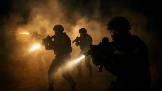 Mexican special forces operation in a rural area at night, smoke and gunfire visible, dramatic lighting