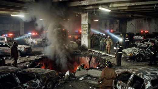 1993 World Trade Center bombing showing smoke and damage in underground parking garage, emergency responders, dramatic lighting, historical photograph style