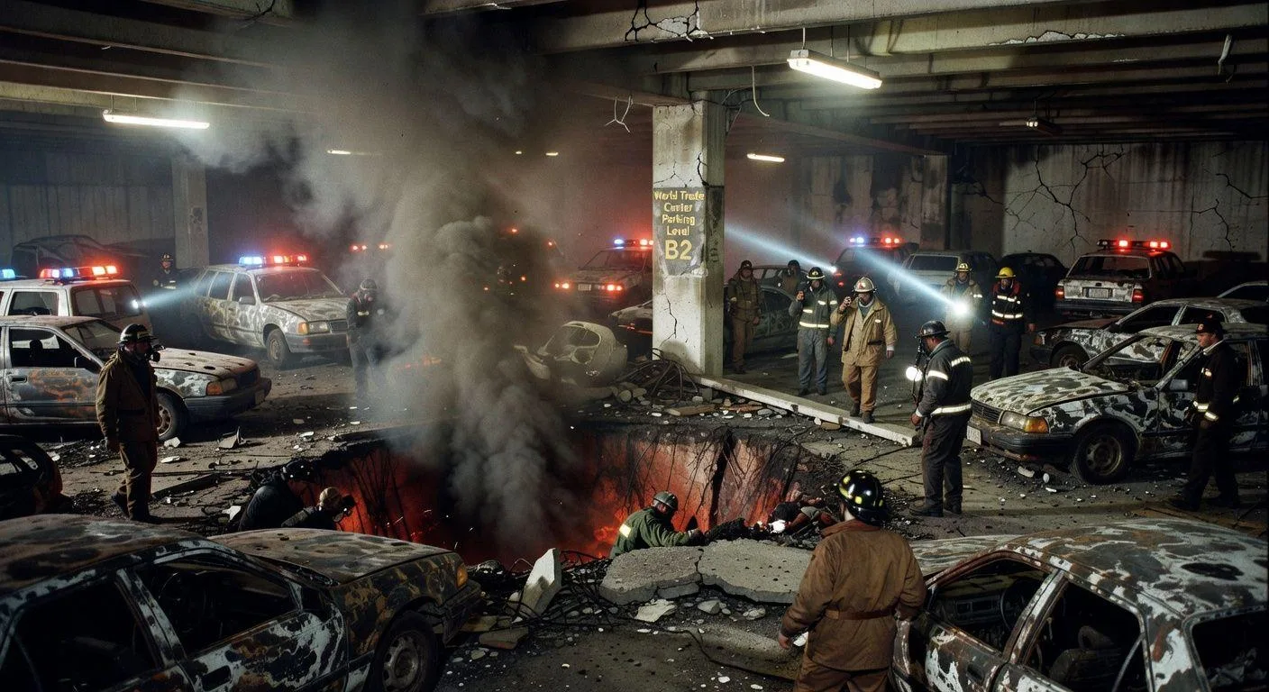 1993 World Trade Center bombing showing smoke and damage in underground parking garage, emergency responders, dramatic lighting, historical photograph style