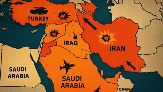 A dramatic geopolitical map showing Middle East conflict zones with military symbols and tension indicators, digital art style