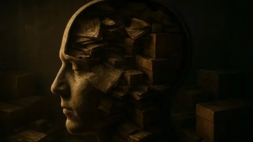 A conceptual digital art piece showing a human head as a cluttered room filled with old newspapers and dusty boxes representing mental clutter, cinematic lighting, 4k.