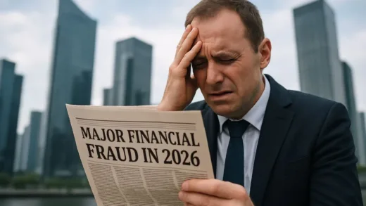 A distraught investor looking at a news article about a major financial fraud in 2026, with a background of modern city skyscrapers.