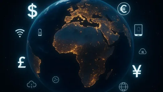 A satellite view of the African continent, glowing with economic activity, surrounded by global currencies and technology symbols.