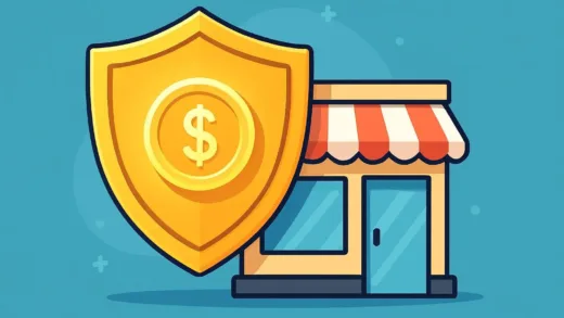 A professional digital illustration showing a golden shield protecting a small business storefront with a glowing coin icon, symbolizing financial support and protection, modern flat design style.