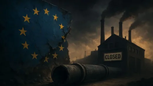 A conceptual illustration of the European Union flag crumbling next to a broken pipeline and a closed factory, high quality, cinematic lighting.