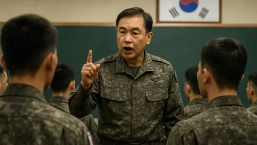 A respected South Korean general in uniform speaking passionately about leadership philosophy to young soldiers in a military briefing room.