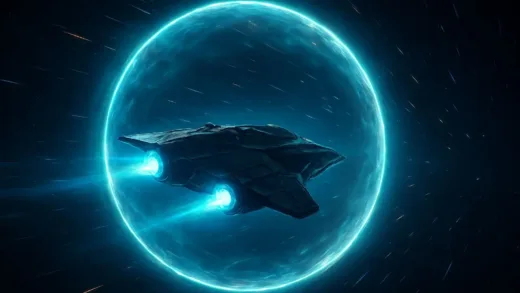 A futuristic spaceship traveling through a glowing warp bubble in deep space with distorted stars streaking in the background, cinematic lighting, 8k resolution.