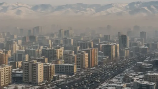 A panoramic view of Ulaanbaatar city surrounded by mountains, with smog hovering over the urban area during winter, showing dense apartment buildings and traffic congestion