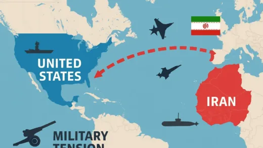 Geopolitical map showing United States and Iran with military tension indicators and strategic assets