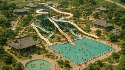 Historical aerial view of Bugok Hawaii theme park in 1970s South Korea showing water slides and traditional buildings