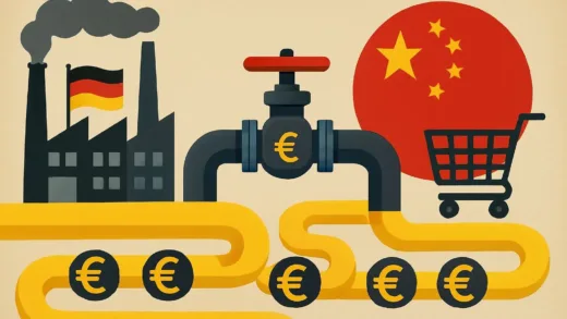 A visual metaphor showing German industrial factories connected to Russian gas pipelines and Chinese market symbols, with euro signs flowing between them