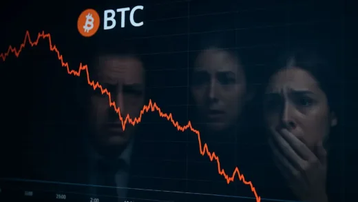 A dramatic downward trending bitcoin price chart on a financial trading screen, showing sharp decline from peak to current levels, with worried investor faces reflected on the screen