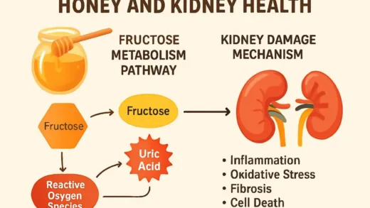 Honey and kidney health infographic showing fructose metabolism pathway and kidney damage mechanism