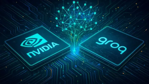 NVIDIA and Groq collaboration concept with futuristic AI chips and neural network visualization, digital art style