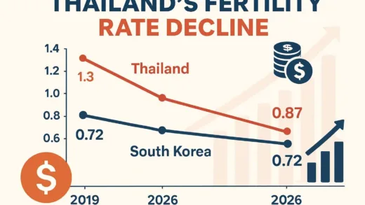 A comparative infographic showing Thailand's fertility rate decline from 1.3 in 2019 to 0.87 in 2026 alongside South Korea's 0.72, with economic indicators in the background