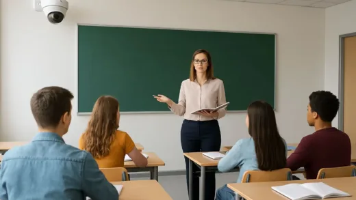 A modern classroom with CCTV camera mounted in the corner, showing both teacher and students in an educational setting