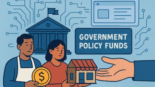 A conceptual illustration showing small business owners receiving financial support from government policy funds, with digital technology elements in the background