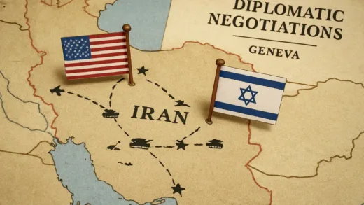 A strategic military map showing Iran with flags of USA and Israel, with diplomatic negotiation documents in the background showing Geneva location.