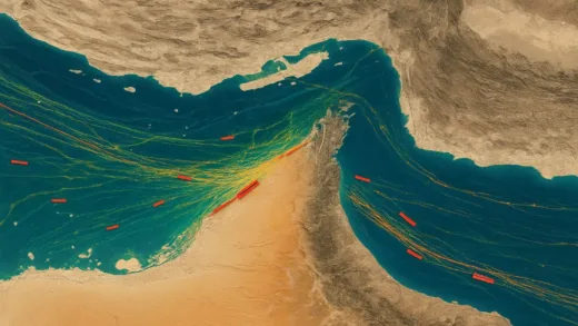 Aerial view of the Strait of Hormuz with oil tankers sailing through, showing real-time shipping traffic data visualization overlayed on the map.