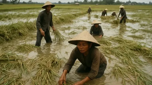 Vietnam rice fields during economic hardship in the 1970s, showing farmers struggling with flood damage