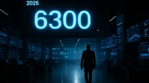 A cinematic wide shot of a futuristic stock exchange floor in 2026 with a large digital display showing the number 6300 in glowing blue, while a solitary businessman in a suit walks away into the shadows, high contrast lighting, professional photography style.