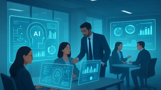 A futuristic office environment with HR professionals collaborating with AI interfaces, showing data visualization screens and team meetings in a modern workspace