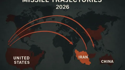 A dramatic geopolitical map showing missile trajectories from USA to Iran, with strategic lines extending to China, 2026 modern warfare visualization