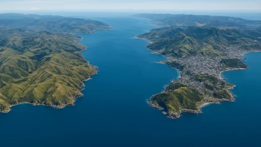 Aerial view of Cook Strait separating New Zealand's North Island and South Island, showing the narrow 22km water passage with Wellington visible on one side