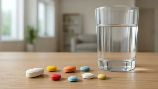 A high-resolution close-up shot of various colorful painkiller pills scattered on a minimalist wooden table with a glass of water, set in a modern 2026 home interior.