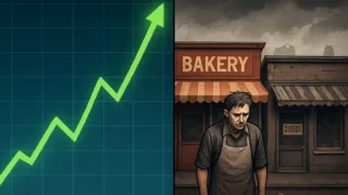 A dramatic split image showing a rising stock market graph on one side and struggling small businesses on the other, representing the contrast between stock market highs and real economy struggles